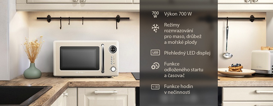 Digitální mikrovlnná trouba ETA Storio v béžové barvě: přehledný LED displej, funkce odloženého startu a automatické rozmrazování masa i ryb
