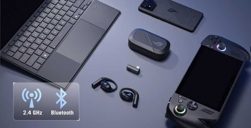 Sluchátka Asus ROG Cetra Open Wireless černé Headset Asus ROG Cetra Open Wireless s podporou 2,4 GHz připojení a Bluetooth vedle herních zařízení