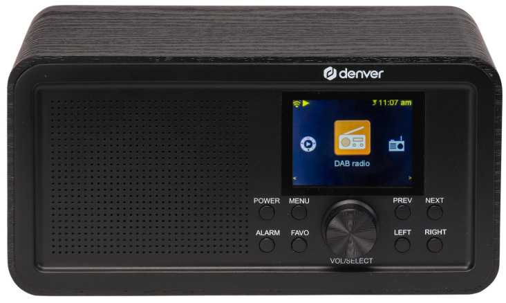 Internetové rádio Denver DIR-200 v černém provedení s barevným displejem v bočním pohledu