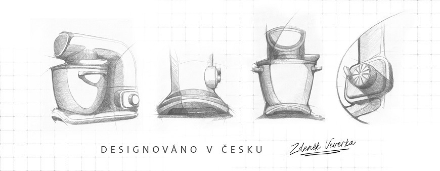 Designové skici kuchyňského robotu ETA Gratus Evo od návrháře Zdeňka Veverky s nápisem Designováno v Česku; pohled na proces vzniku českého designu