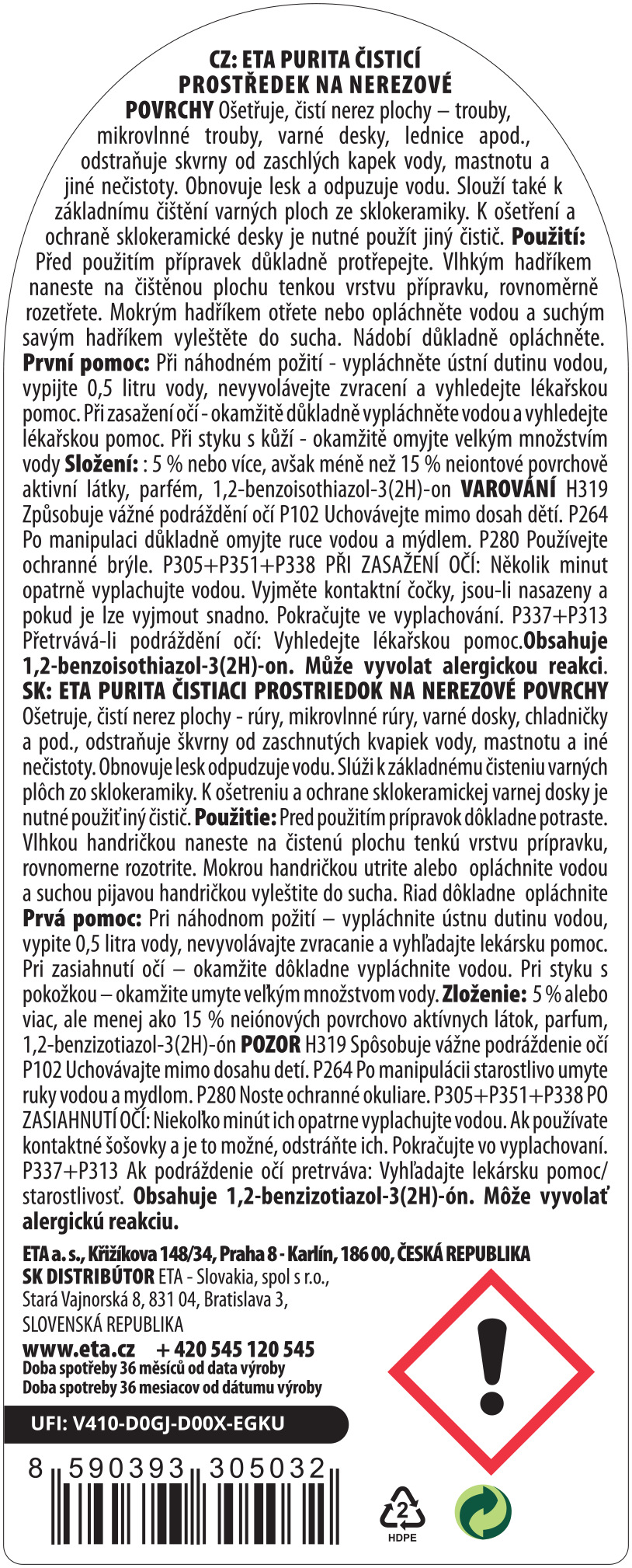 Čisticí prostředek na nerezové povrchy ETA PURITA 9958 90000 Čisticí prostředek na nerezové povrchy ETA PURITA 9958 90000