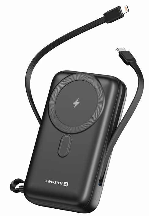 Powerbanka Swissten 20000 mAh, PD 20W s integrovanými kabely USB-C a Lightning, MagSafe černá