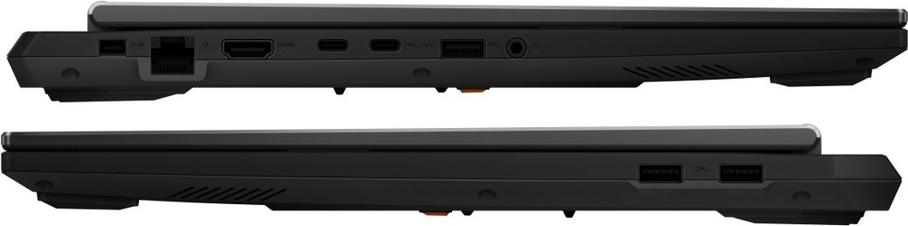 Notebook Asus TUF Gaming A16 šedý Levý a pravý bok laptopu Asus TUF Gaming A16 s přehledem dostupných konektorů