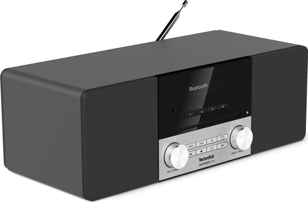 Radiopřijímač DAB+/CD TechniSat DIGITRADIO 3 ASA černý/stříbrný Černostříbrný radiopřijímač TechniSat z levého šikmého pohledu. Displej zobrazuje režim Bluetooth, pod ním jsou tlačítka, dva otočné ovladače a štěrbinová CD mechanika. Po stranách se nacházejí reproduktory, vzadu vyčnívá anténa.