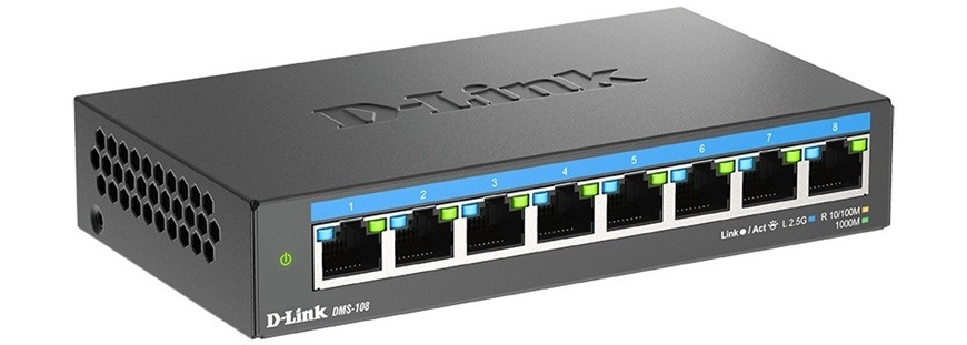 Switch D-Link DMS-108/E 8-port 2.5G Multi-Gigabit černý Detail obrázku switche.