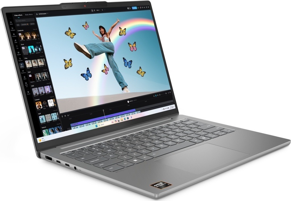 Notebook Lenovo IdeaPad Slim 5 14AHP11 šedý Pohled šikmo ze strany na laptop Lenovo IdeaPad Slim 5 s ostrým, prostorným displejem