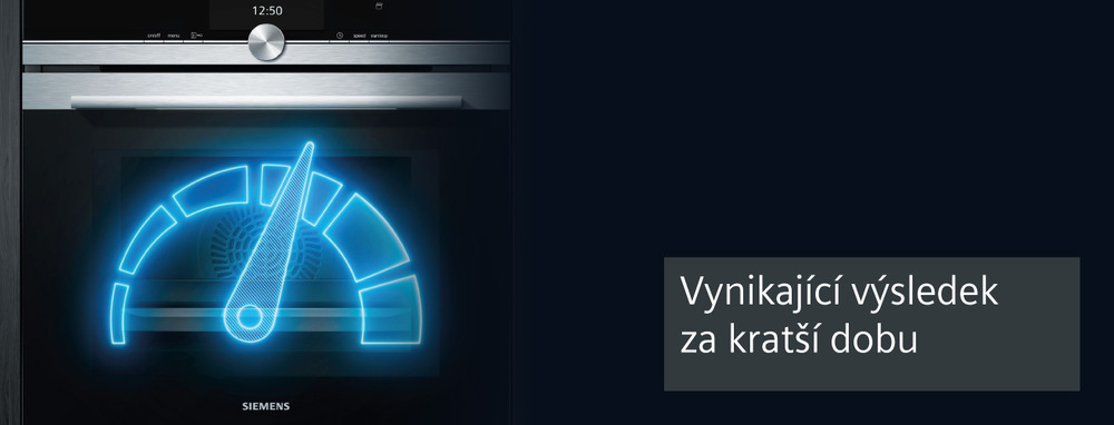 Trouba Siemens iQ300 HR572GBS3 pyrolýza černá/nerez Vestavná trouba Siemens s modrým grafickým ukazatelem rychlosti a nápisem „Vynikající výsledek za kratší dobu“.