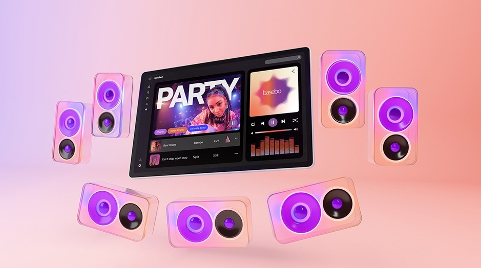 Dotykový tablet Lenovo Tab Plus Gen 2 8 GB / 128 GB + ochranné pouzdro bílý Tablet Lenovo Tab Plus Gen 2 se zapnutou hudbou a symboly reproduktorů