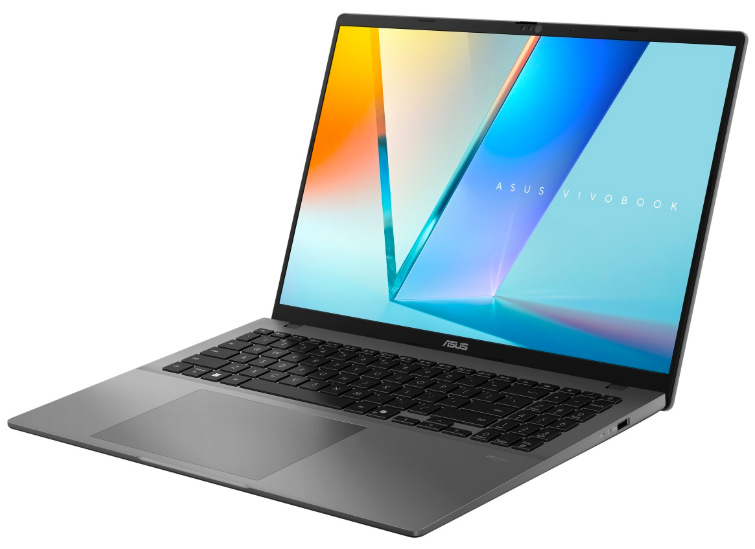 Otevřený ASUS Vivobook S16 z pravého úhlu s šedým tělem a OLED displejem