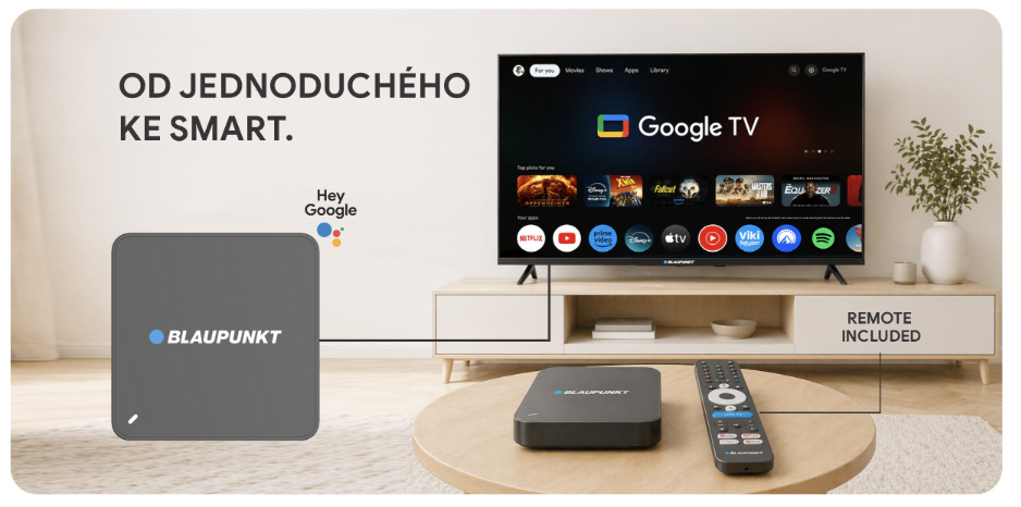 Multimediální centrum s ovladačem připojené k televizoru s prostředím Google TV