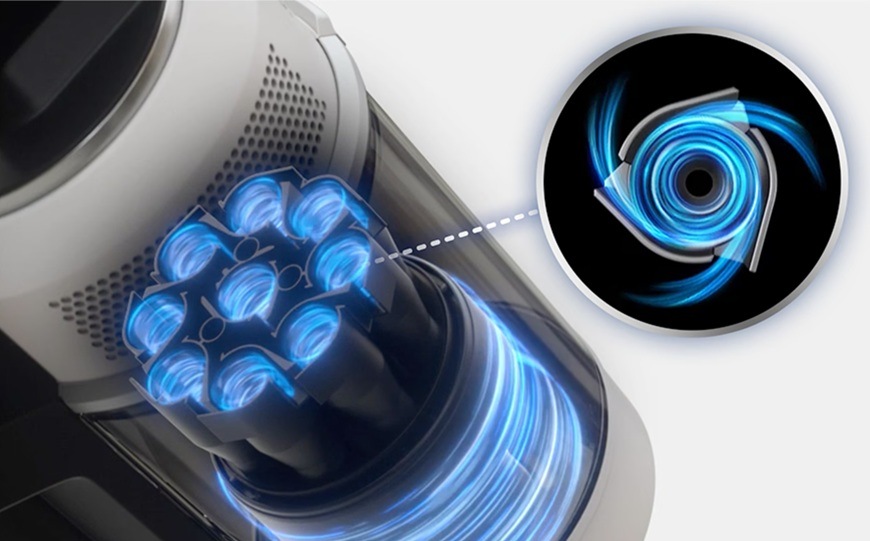 Tyčový vysavač Samsung Bespoke AI Jet VS90F40DEK/GE černý Detail cyklonové filtrace tyčového vysavače Samsung Bespoke AI Jet VS90F40DEK/GE s modře znázorněným prouděním vzduchu