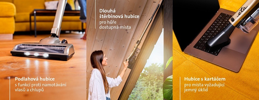 Tyčový vysavač ETA Gold Power 1212 90000 zlatý Různé typy hubic vysavače ETA Gold Power– podlahová, štěrbinová a hubice s kartáčem a příklady jejich využitípro různé druhy úklidu