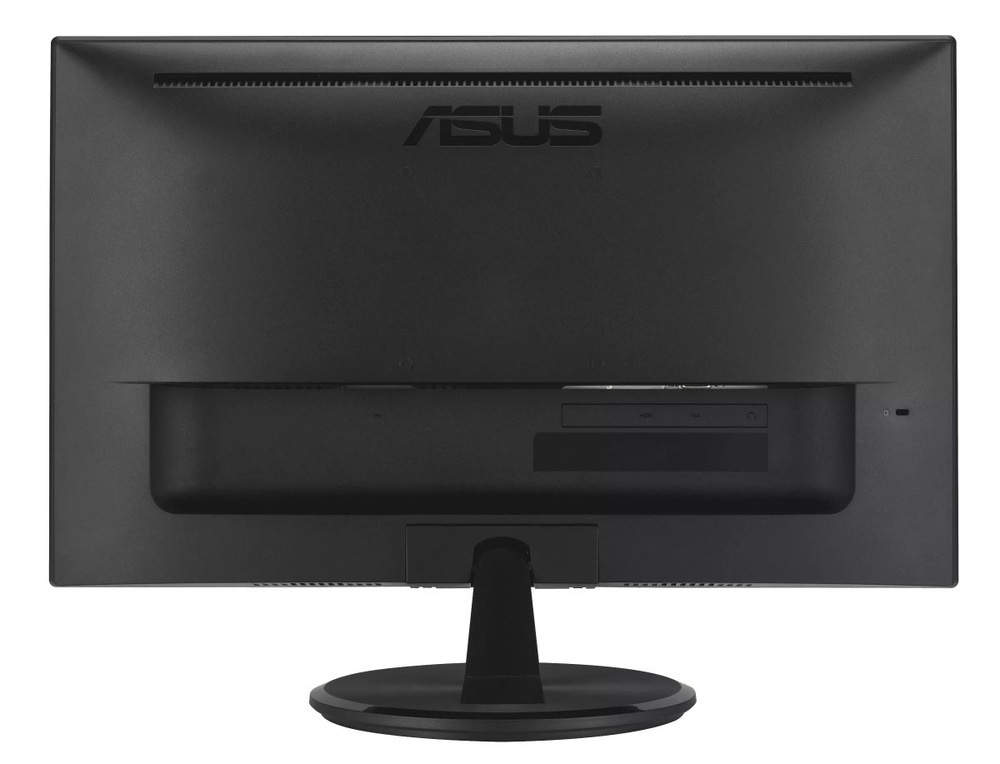 Herní monitor Asus VP227HF černý Zadní pohled na černý počítačový monitor ASUS se širokým stojanem, který ukazuje elegantní a moderní design. V horní části je viditelné logo značky.