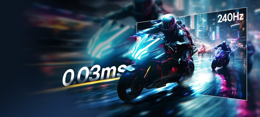 Herní monitor LG UltraGear 34GX90SA-W černý/bílý Záběr ze hry s futuristickým pouličním motocyklovým závodem ozářený neonovými světly ve vysokých rychlostech s textem 0,03 ms, poukazující na ultra nízkou odezvu.