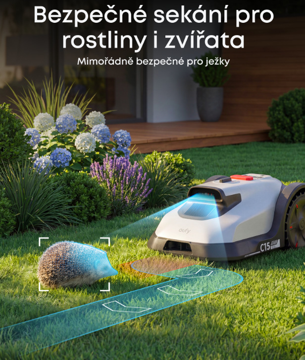 Robotická sekačka Anker eufy C15 bezpečně objíždí ježky a chrání zvířata na zahradě