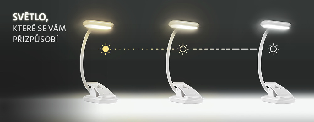 Stolní LED lampička ETA 189490000 bílá Bílá bezdrátová lampička na čtení ETA s klipem zobrazující 3 různé barvy světla – teplé, neutrální a studené bílé osvětlení s textem „Světlo, které se vám přizpůsobí“.