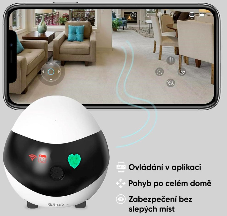 Ovládání mobilní IP kamery Enabot EBO SE v aplikaci s možností pohybu po celém bytě