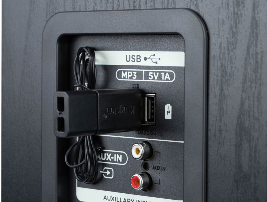 Reproduktor AKAI AEROBEAT PILLAR černý Zadní konektory reproduktoru Akai AeroBeat Pillar - USB nabíjení a AUX vstup.