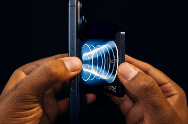 Muž natáčí ženu na telefon s připojeným SSD Verbatim SnapBack 1TB pro záznam videa