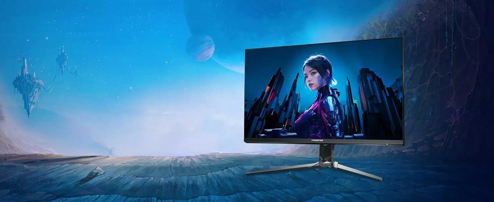 Herní monitor Acer Predator XB273UX1bmiiprx černý Monitor zobrazuje ženu v futuristickém oblečení na pozadí sci-fi krajiny s plovoucími ostrovy a vzdálenou planetou.