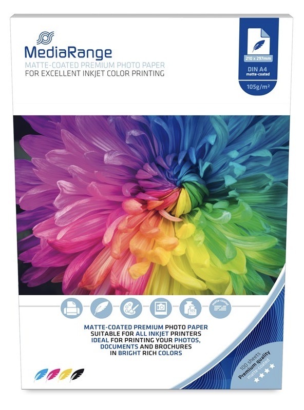Matný fotopapír MediaRange s gramáží 105 g/m2, bílá barva
