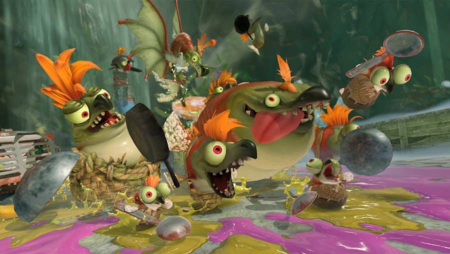 Na obrázku je zachycena živá a barevná scéna se skupinou bytostí, mezi nimiž je velký Salmonid a několik menších Salmonidů v ruce svírajících pánve a další kuchyňské náčiní.