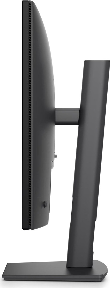 Boční pohled na černý monitor Dell Pro P2426E s tenkým panelem, větracími otvory, středovým stojanem a plochou obdélníkovou základnou.