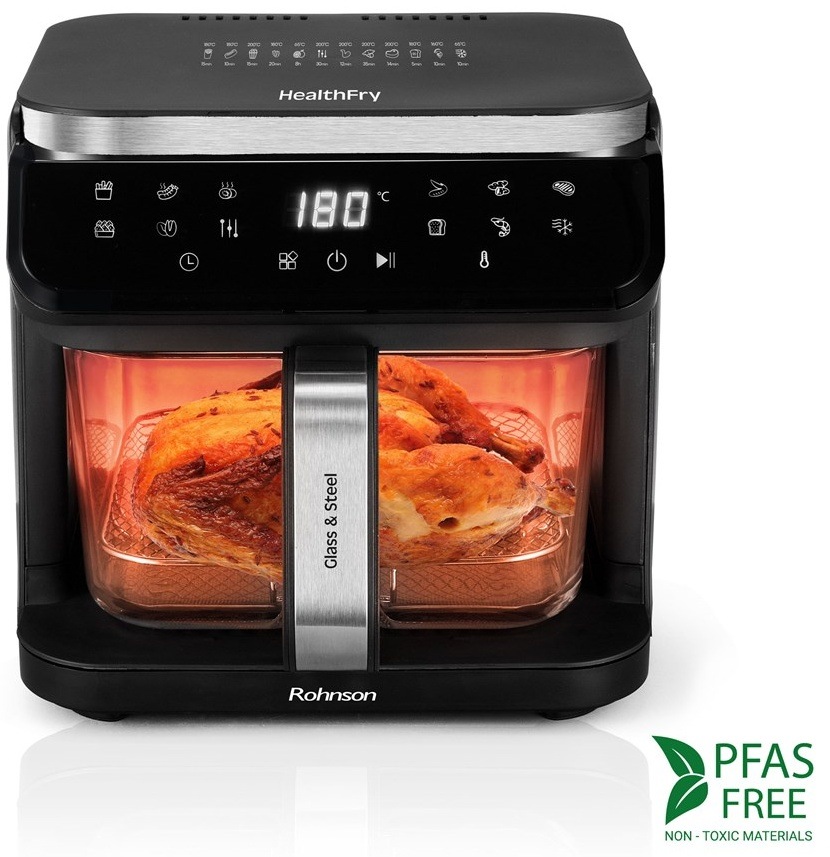 Fritéza horkovzdušná Rohnson R-2890 Glass & Steel HealthFry, 5,5 l černá
