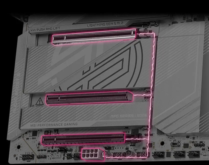 Základní deska MSI MPG X870E EDGE TI WIFI Detailní záběr základní desky s vyznačenými PCI sloty a růžově svítícími obvody. Design působí technicky a moderně a vyzařuje inovativnost.
