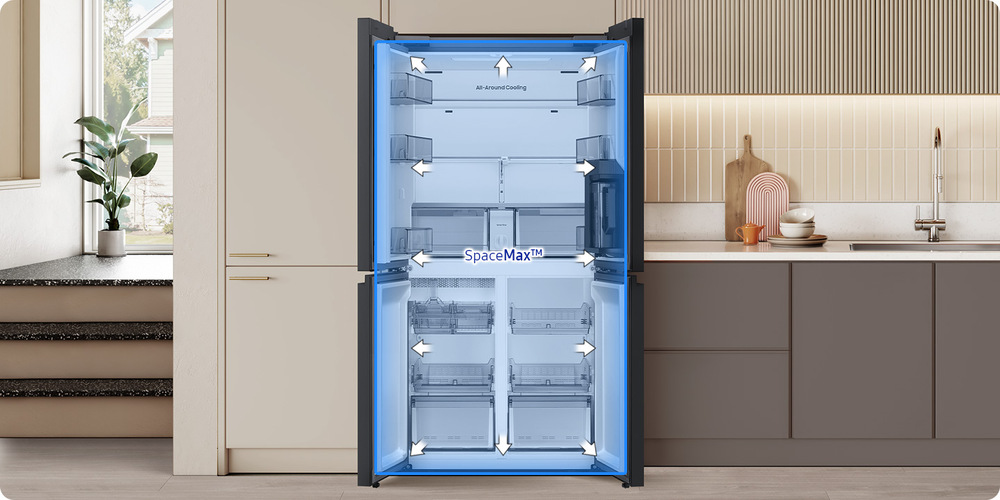 Americká lednice Samsung RM70F63NEREO nerez/ocel Lednice Samsung RM70F63NEREO v kuchyni má otevřené dveře dokořán, uvnitř lednice je šipkami znázorněna technologie SpaceMax