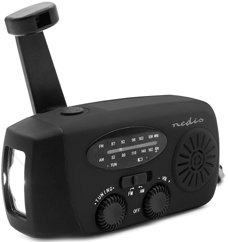 Boční pohled na rádio Nedis RDFMCR2000BK s integrovanou LED baterkou a poutkem na zápěstí.