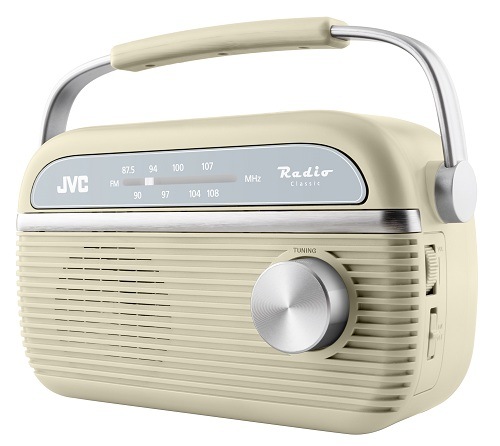 Béžové analogové rádio JVC RA-E215Y v retro designu se stříbrným otočným ovladačem a praktickým madlem