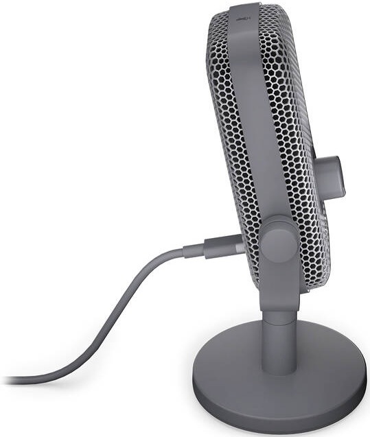Mikrofon ENDORFY Solum Voice S , pop-up , RGB šedý Pohled z boku na šedý mikrofon Endorfy se stojanem a připojeným USB kabelem.