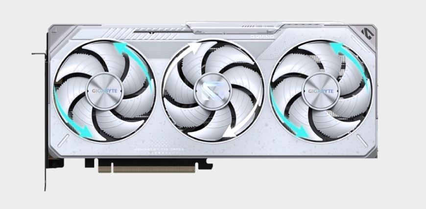 Grafická karta GIGABYTE Radeon RX 9070 XT GAMING OC ICE 16G bílá Průtok vzduchu trojice ventilátorů WINDFORCE u grafické karty GIGABYTE RX 9070 XT