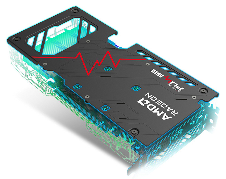 Grafická karta Sapphire Pulse AMD Radeon RX 9060 XT GAMING 16GB Zadní kovový backplate Sapphire Pulse RX 9060 XT s výrazným pulzním motivem pro vyšší pevnost