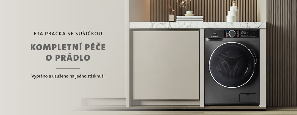 Banner na pračku se sušičkou ETA 387390020AD. Na obrázku je moderní tmavě šedá až černá pračka se sušičkou vestavěná v elegantní koupelnové lince s mramorovou deskou. Text: ETA pračka se sušičkou. Kompletní péče o prádlo. Vypráno a usušeno na jedno stisknutí
