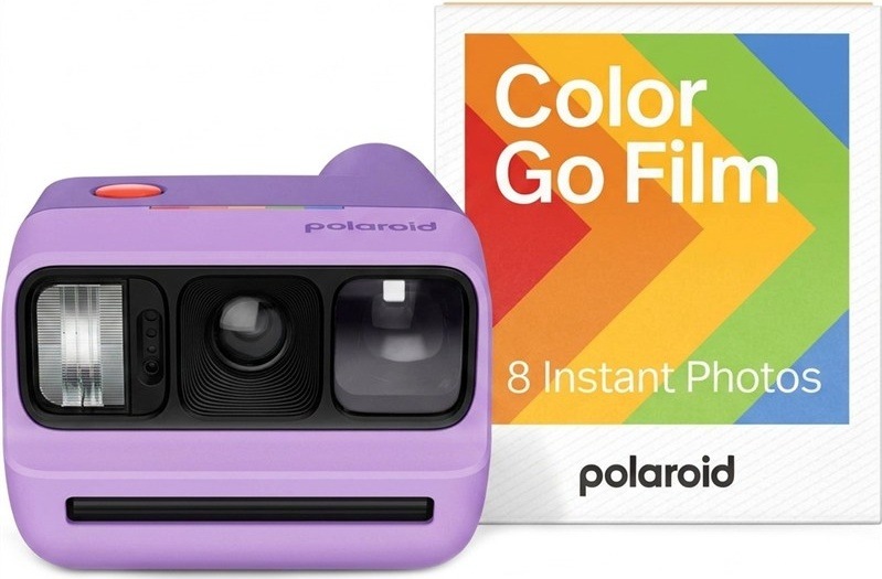 Instantní fotoaparát Polaroid Go Gen 3 v balení s barevným filmem, fialová barva
