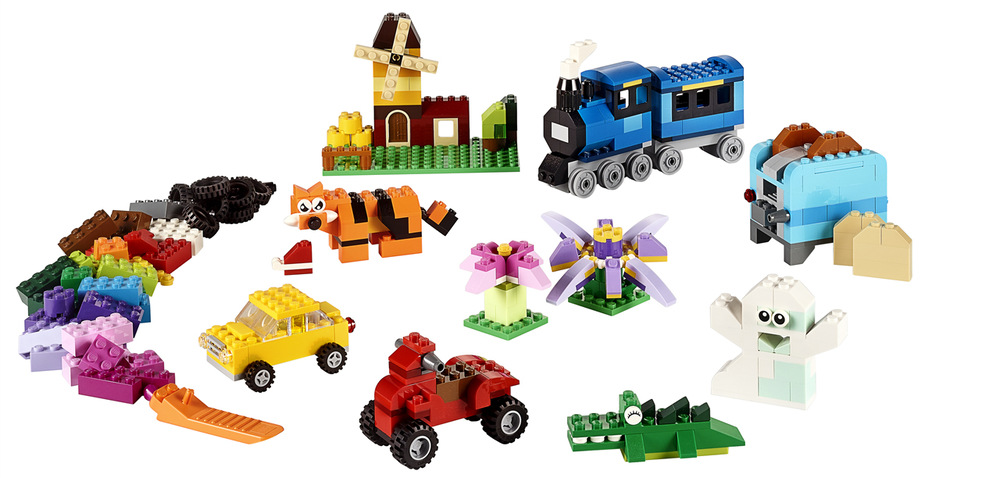 Barevná sada LEGO Classic nabízí kostky různých tvarů, barev, pneumatik a speciálních prvků pro vlastní tvorbu.
