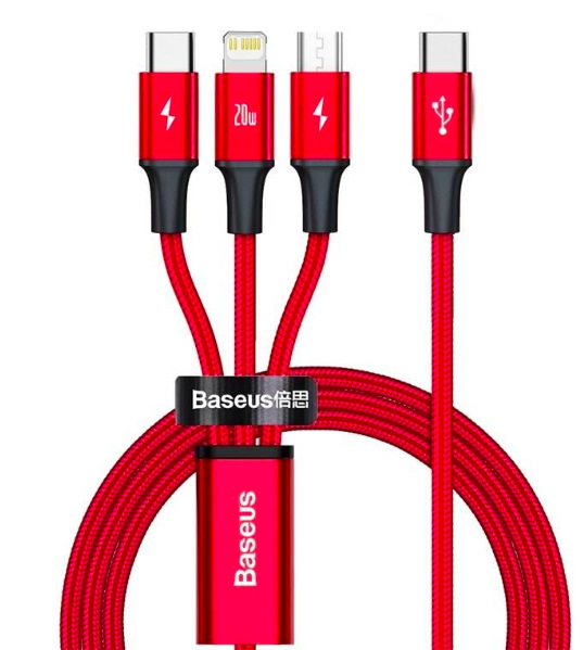 Kabel Baseus Rapid Series 3v1 USB-C (Micro USB/Lightning/USB-C) PD 20W 1,5m červený Kabel Baseus Rapid Series 3v1 USB-C (Micro USB/Lightning/USB-C) PD 20W 1,5m červený