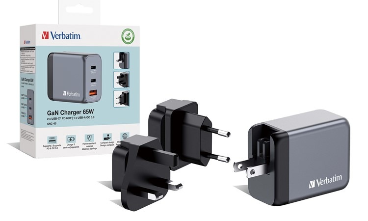 Cestovní adaptér Verbatim GNC-65 GaN 65W, 2x USB-C PD 65W, 1x USB-A QC 3.0 stříbrný