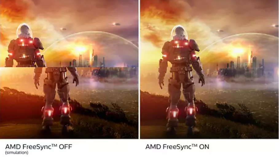 Monitor Philips 272E1CA Dva obrázky robota na planetě srovnávající obraz bez a s technologií AMD FreeSync