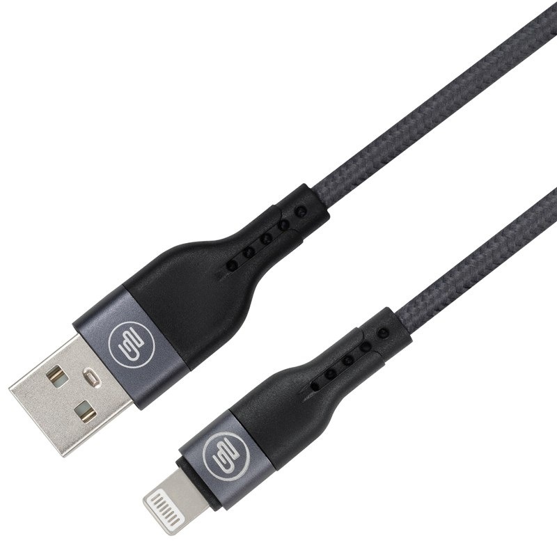 Propojovací kabel GoGEN s textilním opletením v grafitové barvě s koncovkami USB-A a lightning