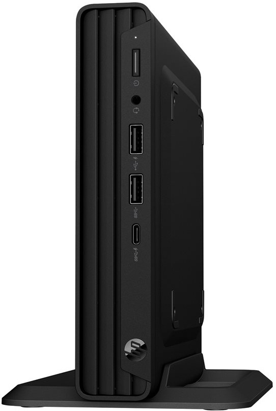 PC mini HP Pro Mini 260 G9 černý Pohled šikmo na přední stranu mini počítače HP Pro Mini 260 G9 Mini s viditelnými porty včetně USB-C, dvou USB-A, audio konektoru a tlačítka napájení
