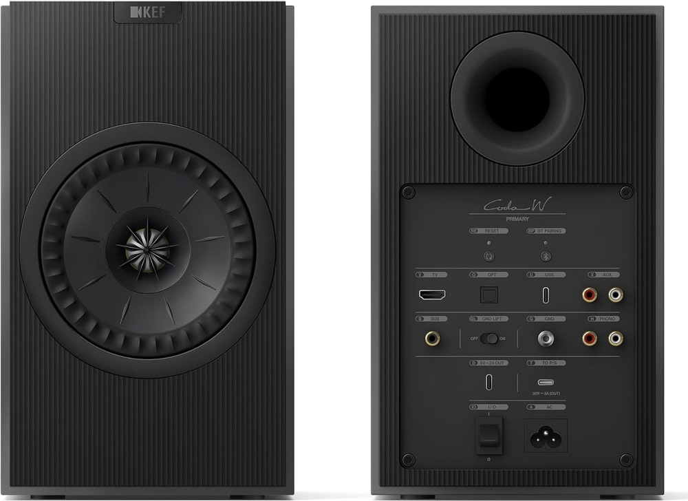 Reproduktory KEF Coda W (2 ks) černé Aktivní reproduktor KEF Coda W zepředu a zezadu s přehledem konektorů včetně HDMI, USB-C, optického vstupu, RCA a výstupu pro subwoofer