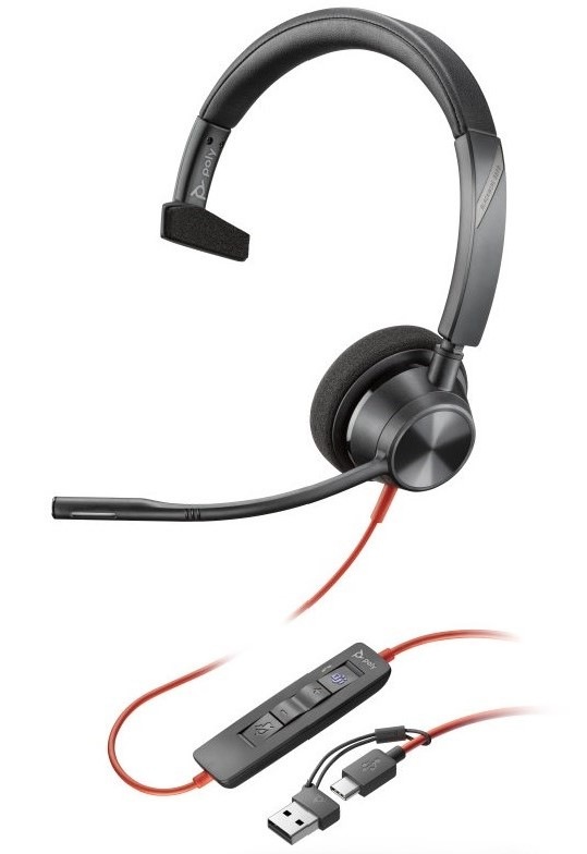 Headset HP Poly Blackwire 3315 MS, 3,5 mm jack + USB-C/A adaptér, mono černý