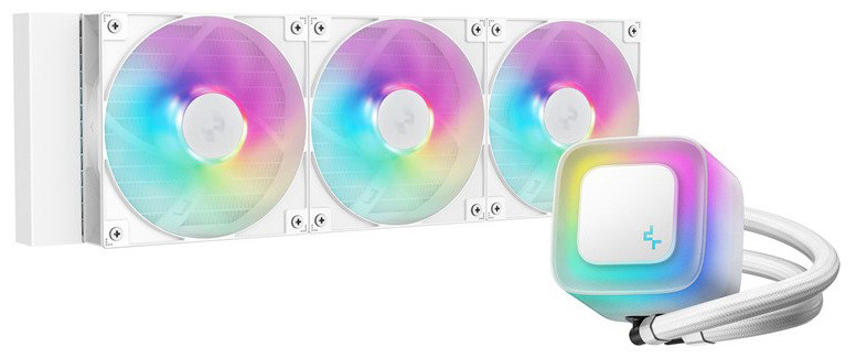 Vodní chladič DeepCool LE360 V2 White bílý Snímek kompletního chladiče s nasvícenými třemi ARGB ventilátory i s ARGB podsvícením pumpy. Jsou dobře vidět i obě hadice o délce 410 mm.