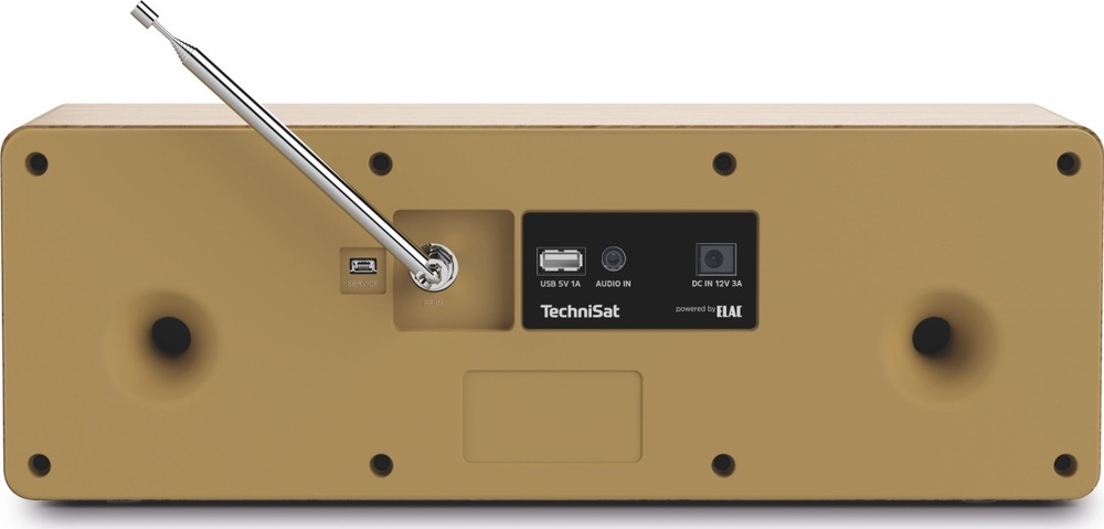 Radiopřijímač DAB+/CD TechniSat DIGITRADIO 3 ASA hnědý Zadní pohled na hnědý radiopřijímač TechniSat. Uprostřed jsou konektory USB, 3,5mm AUX a napájení, vlevo servisní port a přípojka odnímatelné teleskopické antény.