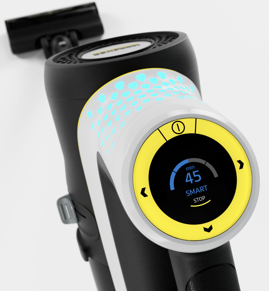 Detail LCD displeje vysavače Kärcher VCS 7-28 Infinity se Smart režimem a zbývající dobou provozu