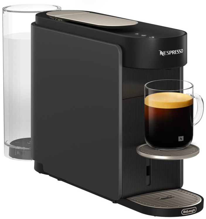 Kapslový kávovar DeLonghi Nespresso Vertuo Up ENV200.GY v antracitové barvě se šálkem kávy