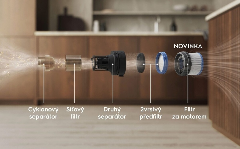 6stupňový filtrační systém vysavače Electrolux: cyklonový separátor, síťový filtr, druhý separátor, 2vrstvý předfiltr, filtr za motorem.